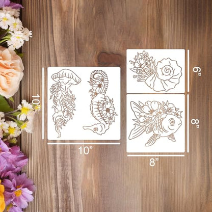 Sea Animal Stencils Reusable Turtle Shell Fish Stencil Jellyfish Octopus Dolphin Stencils for Painting on Wood Furniture Fabrics - style: Sea Animal