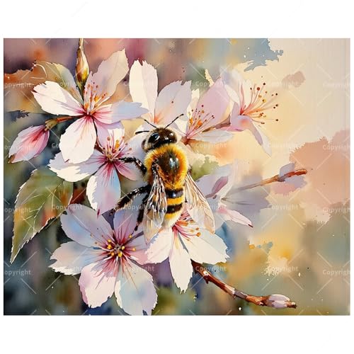 Floral Art Paint by Numbers Kit for Adults - DIY Bee on Cherry Blossoms Painting on Canvas 16x20 Inches, Acrylic Paint Set, Suitable for Beginners, Art for Home Decoration or Gifts - color: TCXY05612, size: 16X20IN Folded