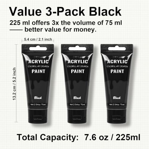 YULL 7.6 oz / 225 ml Matte Black Acrylic Paint Tubes, Thick Opaque Waterproof Black Paint for Wood/Canvas/Metal/Ceramic/Plastic/Wall, Non-Toxic Water-Based Washable Indoor/Outdoor Craft Paints - color: Black (Matte)