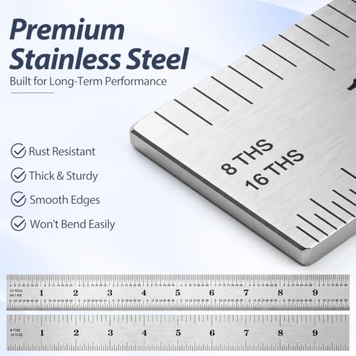 EBOOT 2 Pcs Stainless Steel Ruler Machinist Engineer Ruler with Markings 1/8, 1/16, 1/32, 1/64 Inch for Engineering, School, Office, Architect, and Drawing (10 Inch) - size: 10 Inch