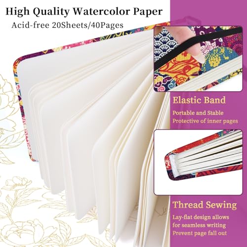 5x5" Watercolor Sketchbook,Mixed Media Pad,Travel Portable Drawing Journal | 140LB/300gsm 20Sheets/40Pages Watercolor Paper,Cold Press,Cloth Fabric Hardcover,Sewing Binding,Lay-Flat.Japanese-StyleMotifs - color: 300gsm-Japanese-style Motifs