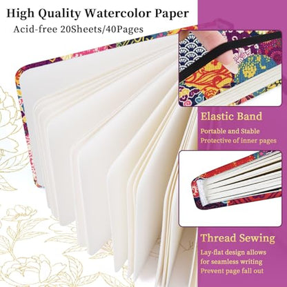 5x5" Watercolor Sketchbook,Mixed Media Pad,Travel Portable Drawing Journal | 140LB/300gsm 20Sheets/40Pages Watercolor Paper,Cold Press,Cloth Fabric Hardcover,Sewing Binding,Lay-Flat.Japanese-StyleMotifs - color: 300gsm-Japanese-style Motifs