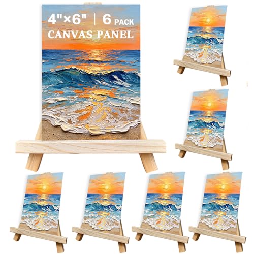 12 Pcs Mini Canvas and Easel Set 4''x6'' Small Blank Canvas Boards with Pine Wood Easels - Beginner Sip Paint Kit for Acrylic Oil Watercolor &Crafts - Ideal for Tabletop Display and Adults Party - size: 4''×6''