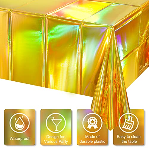 4 Pack Gold Iridescent Plastic Tablecloths Shiny Disposable Laser Rectangle Table Covers Holographic Foil Tablecloth Iridescent Party Decorations Birthday Bridal Wedding Christmas, 54 x 108 Inch - color: Gold