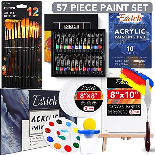 ESRICH 57PCS Acrylic Paint Canvas Painting Kit with 24 Paints | Acrylic Paint Set, Easel, Canvas, Painting Pads, Paint Brushes, Palette, Paint Knife, Brush Cup and Art Sponge for Beginners - style: 57
