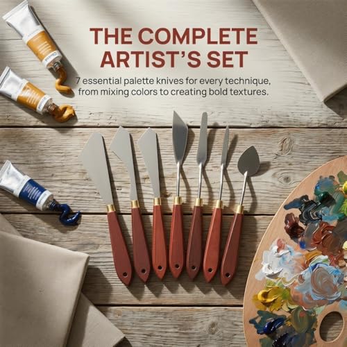 7Pcs Stainless Steel Palette Knife Set Flexible Painting Blending Scrapers for Oil & Acrylic Pigment Mixing, Canvas Art Creation