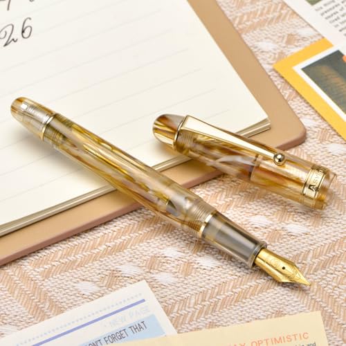 Asvine V126 Vacuum Filling Fountain Pen Brown Swirl Transparent Acrylic, Medium Nib Large-Capacity with Gift Case - color: Brown Swirl, style: Medium Nib