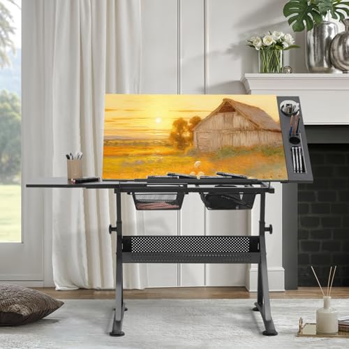Adjustable Height Drafting Table with Stool, Modern Style, Tough Glass Top, 28-36 in Length, 19 in Width, 30 in Height, Ideal for Artists, Designers, Office, Studio | Tough Glass Top, 28-36 in Length, 19 in Width, 30 in Height, Ideal for Artists, Designer