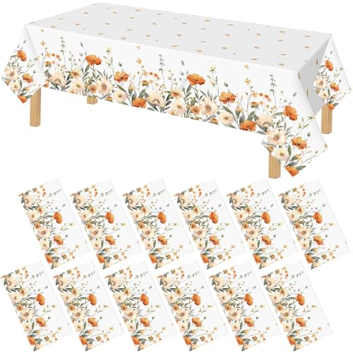 FuWeave 12 Pcs Fall Floral Tablecloth Disposable Plastic Table Covers Thanksgiving Autumn Harvest Wildflower Waterproof Tablecloths for Autumn Thanksgiving Birthday Party Decor, 54 x 108 Inch - style: Autumn Floral