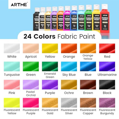 Artme 24 Colors Fabric Paint (60ml/2oz), Permanent Soft Fabric Paint Set with 10 Brushes, Palette, Stencils, Non-Toxic Waterproof Textile Paint for T-Shirts, Jeans, Shoes, Bags, DIY Crafts