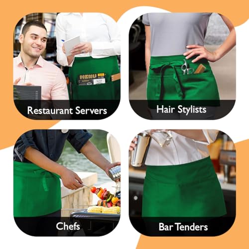 Avalon Kitchen Server Aprons with 3 Pockets – 100% Polyester Waist Apron, 24x12 Inch Half Apron, Waitress Apron for Servers - color: Green, style: Pack of 4
