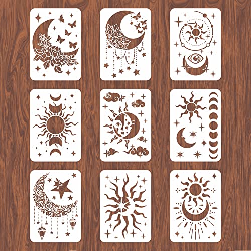 9PCS/Set Sun Moon Wall Stencils for Painting 12x8 Mandala Tile Stencil Large Flower Star Concrete Floor Stencils Reusable Drawing Template for Painting Wood Canvas Furniture Patio Home Decor