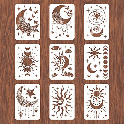 9PCS/Set Sun Moon Wall Stencils for Painting 12x8 Mandala Tile Stencil Large Flower Star Concrete Floor Stencils Reusable Drawing Template for Painting Wood Canvas Furniture Patio Home Decor