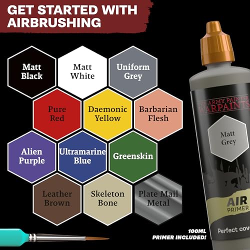 The Army Painter, Airbrush Starter Bundle, 12x18ml Air Acrylic Model Paints | Air Beginner Set incl. 1x100ml of each Cleaner, Medium, Anti-Shine Matt Varnish & Grey Primer, 1 Brush for Miniature Painting - color: Airbrush Starter Bundle