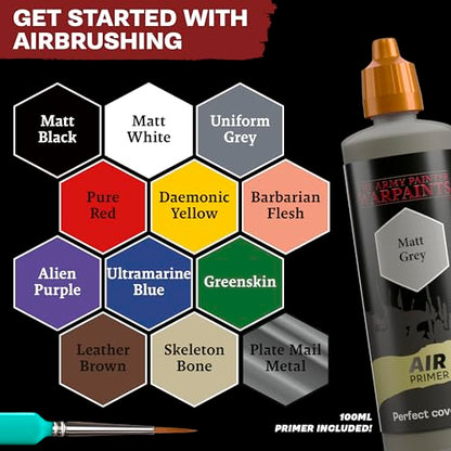 The Army Painter, Airbrush Starter Bundle, 12x18ml Air Acrylic Model Paints | Air Beginner Set incl. 1x100ml of each Cleaner, Medium, Anti-Shine Matt Varnish & Grey Primer, 1 Brush for Miniature Painting - color: Airbrush Starter Bundle