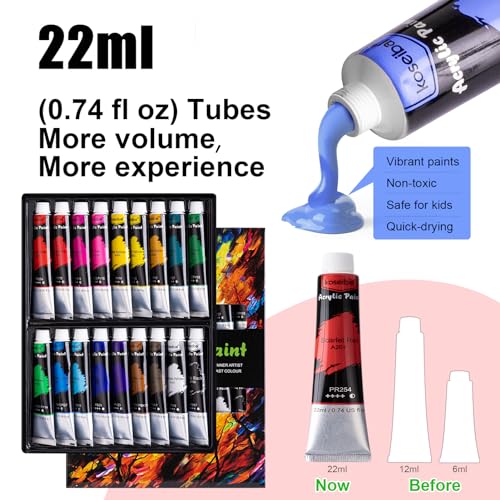 koseibal Acrylic Paint Set with Tabletop Easel and Canvas for Kids, Adults | Complete Painting Supplies Kit 18 Vibrant Acrylic Colors, 8 Art Brushes, 4 Blank Stretched Canvas - color: 18x22ml+Easel-L