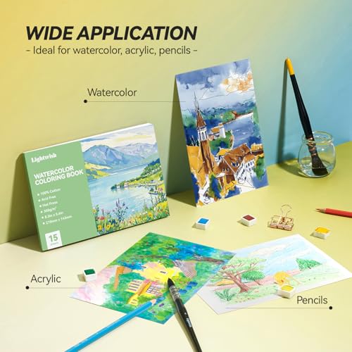 Lightwish Watercolor Coloring Book for Adults & Beginners,100% Cotton 300gsm/140lb Acid-Free Hot Press Paper, 8.3 x 5.6 Inches,15 Sheets,Landscape-Themed - color: Landscape-Themed