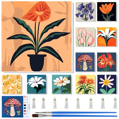 Nezyo 12 Sets Paint by Numbers with Frame for Adults, Canvas 8x8 Inch | Easy Acrylic Painting Kits for Beginners, Framed Art Canvases Ready to Hang, Party Classroom Activity Birthday Gifts - style: Plant