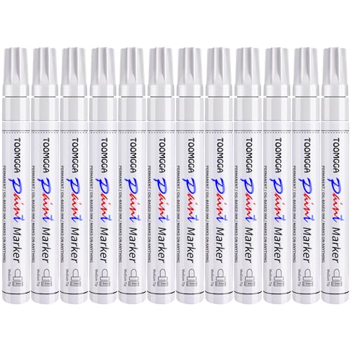 TOOMGGA 12 White Paint Pens Permanent Paint Markers, Oil Based Medium Tip | Marking Pens, Quick Drying, Waterproof, Fade-resistant, for Rock Painting, Car Tyre, Metal, Plastic, Canvas, Wood, Glass - color: White