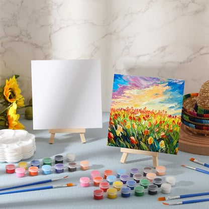 Qilery 36 Set 6 x 6 Inch Mini Canvas Boards with Easel Painting Kit, Acrylic Paints Strips, Brushes, Palette, Oil Art Set for Acrylic Birthday Party Favors - size: 5.9 x 5.9 Inch