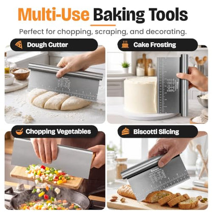 Bakerpan Stainless Steel Heavy Duty Dough Cutter, 3 Size Set - Metal Bench Scraper Kitchen Utensils, Chopper, Pizza and Pastry Cutter Tool, 10, 8, 6 Inch