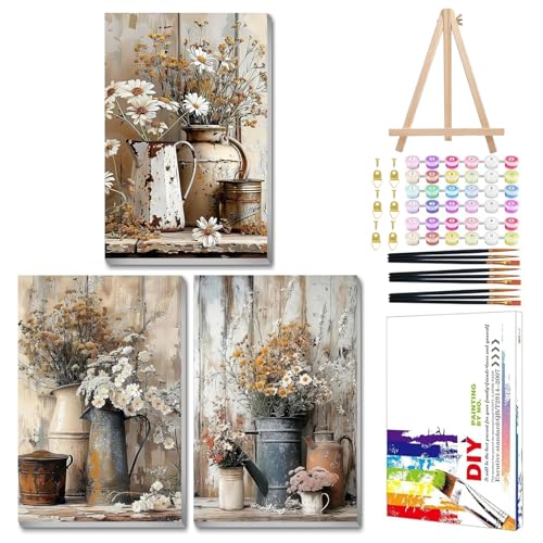 Mandun Farmhouse Paint by Numbers Kit for Adults,3 Pack, 7.8x11.8 inch | DIY Painting Kits Crafts for Adults, Relieve Stress, Frame Canvas, Wooden Easel, Gift Box, Home Wall Decor - color: 3 Pack Farmhouse