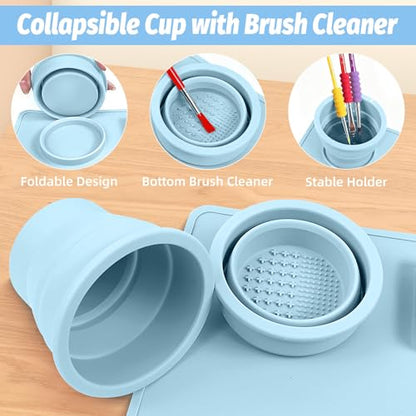 Silicone Painting Mat, 23.6x15.8in Art Craft Mat with Brushes | For watercolor resin clay DIY art use, waterproof table protection painting station with cup palette, 3 brushes, blue - color: Blue