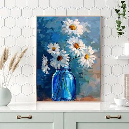 Ohhvvow White Daisy Diamond Art Painting Kits for Adults, Full Drill Blue Vase Flower Diamond Dots Paintings for Beginners, Blue Round 5D Paint with Diamonds Painting Kits for DIY Crafts, 12x16 Inch - color: White flower
