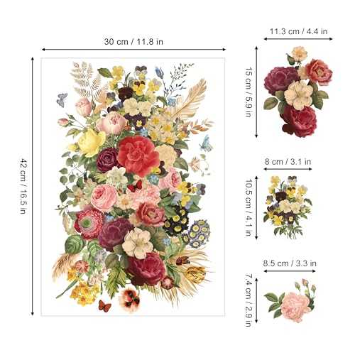 Joeyan Mixed Bouquets Rub On Transfers for Furniture and Crafts, 2 Large Flower Design Sheets 12''x18'', DIY Home Decal on Wood Glass Metal Canvas Porcelain Paper Plastic, Beauty and Fascination - style: Beauty and Fascination