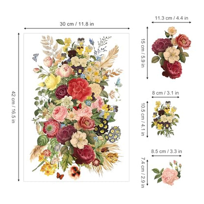 Joeyan Mixed Bouquets Rub On Transfers for Furniture and Crafts, 2 Large Flower Design Sheets 12''x18'', DIY Home Decal on Wood Glass Metal Canvas Porcelain Paper Plastic, Beauty and Fascination - style: Beauty and Fascination