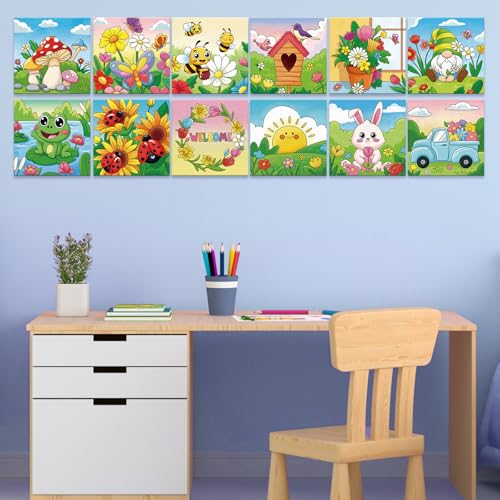 Anseal 12 Packs Pre Drawn Canvas to Paint, 4" X 4" Spring Pre-Printed Paint Party, Pre Stretched Canvas Outline Painting Boards for Paint Lovers, Party Favor - style: Spring