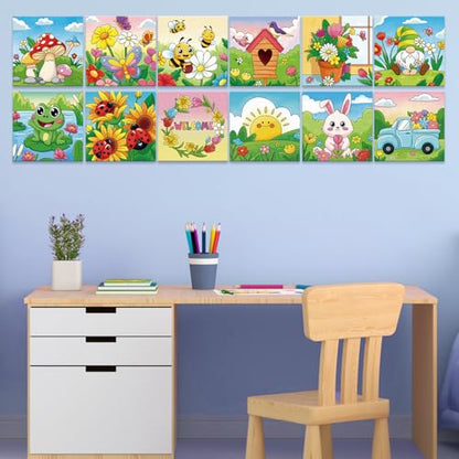 Anseal 12 Packs Pre Drawn Canvas to Paint, 4" X 4" Spring Pre-Printed Paint Party, Pre Stretched Canvas Outline Painting Boards for Paint Lovers, Party Favor - style: Spring