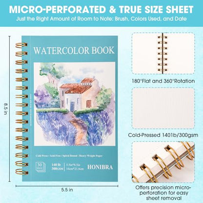 HONIBRA Watercolor Paper Pad 5.5" x 8.5", 30 Sheets 140lb/300gsm - size: 5.5" x 8.5"