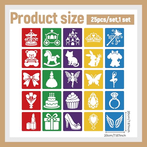 CUTHOLLOW Animals Fruit Plant Stencils, 24PCS 8-Inch Reusable Plastic | 24PCS 8-Inch Animals, Fruit & Plant Shapes, Reusable Washable Plastic, Painting, Crafts, Wall Art & Sidewalk Chalk - style: 25pcs-Princess Element