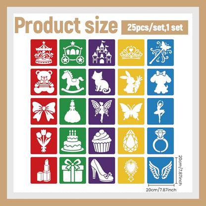CUTHOLLOW Animals Fruit Plant Stencils, 24PCS 8-Inch Reusable Plastic | 24PCS 8-Inch Animals, Fruit & Plant Shapes, Reusable Washable Plastic, Painting, Crafts, Wall Art & Sidewalk Chalk - style: 25pcs-Princess Element