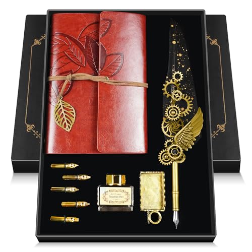GrnVibe Quill Pen and Ink Set Antique Calligraphy Pen Set with Feather Pen | Leather Notebook for Writing,5 Replaceable Nibs,Pen Holder,Ink,Calligraphy Pens for Beginners Vintage Decor Gift Set - color: Black