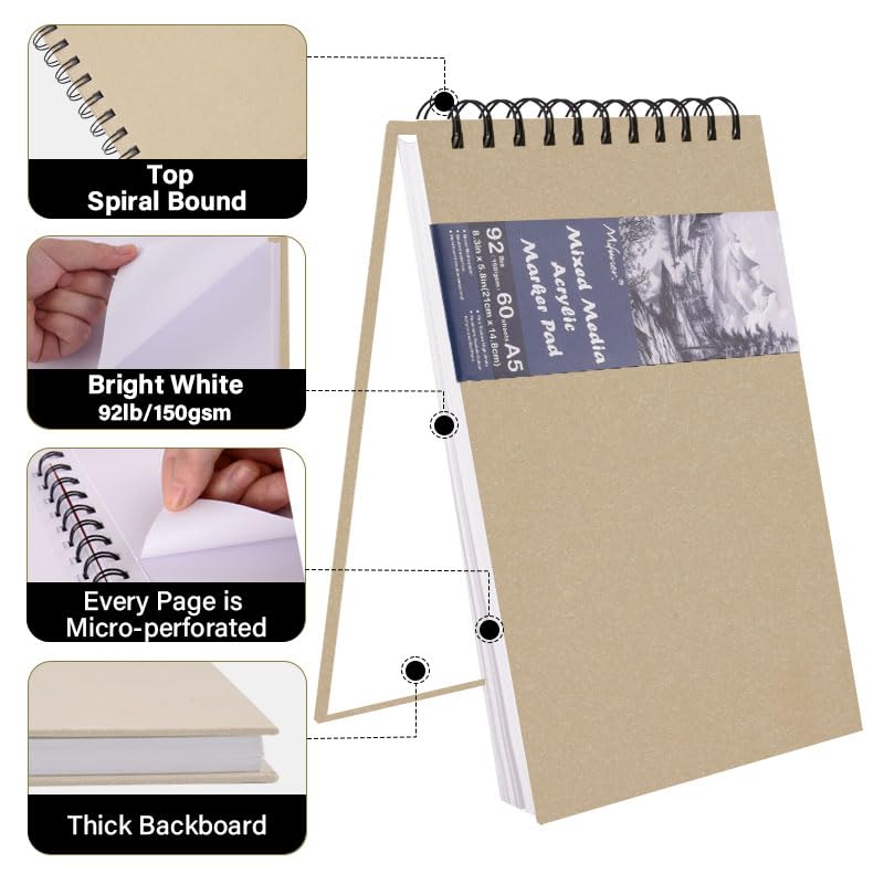5.8" x 8.3" Mixed Media Sketch Book,Spiral Bound Hardcover Sketchbook,60 Sheets 92lb/150gsm Neutral White Acid Free Paper,Art Journal Sketchbook for Drawing Writing Sketching Illustration,Beige - color: Bright White-Beige