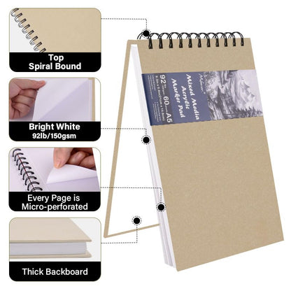 5.8" x 8.3" Mixed Media Sketch Book,Spiral Bound Hardcover Sketchbook,60 Sheets 92lb/150gsm Neutral White Acid Free Paper,Art Journal Sketchbook for Drawing Writing Sketching Illustration,Beige - color: Bright White-Beige