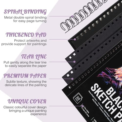 Black Paper Sketchbook Set, 6.7 × 10 in, 30 Sheets, 12 Gel Pens | 160gsm Acid-Free Paper, Spiral Bound, Tear-Out Pages, Hardcover, for Gel Pens, Chalk, Metallic Markers - size: 6.7×10in Set