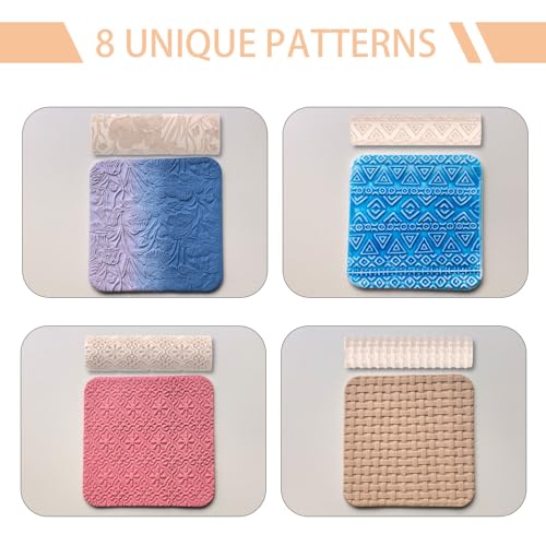 8 Pcs Polymer Clay Texture Roller, Texture Roller for Clay, 3.15 in x 0.79 in Pottery Texture Rollers for Jewelry Making, Like Texture Sheets, Work with Polymer Clay Cutters - color: YELLOW