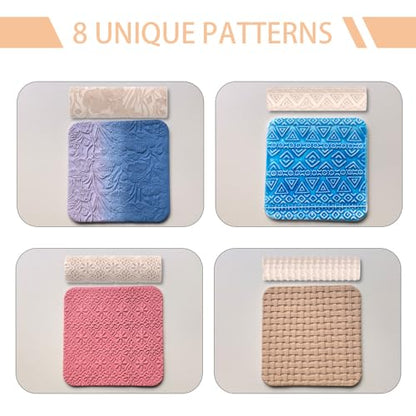 8 Pcs Polymer Clay Texture Roller, Texture Roller for Clay, 3.15 in x 0.79 in Pottery Texture Rollers for Jewelry Making, Like Texture Sheets, Work with Polymer Clay Cutters - color: YELLOW