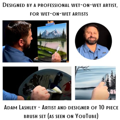 10 Piece Landscape Brush Set, for Wet on Wet Painting: 2 Inch, 1 Inch, 1 Inch Oval, 4 & 6 Fan, Filbert, 2 Palette Knives, Liner, Mop Blender - Adam Lashley