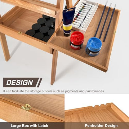 Large Beech Wood Painting Easel H-Frame, Drawer with Palette - color: Wooden Pro