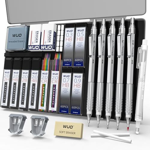 WUO Mechanical Pencil Set, 5 Pack Drafting Pencils 0.3/0.5/0.7/0.9/2.0mm | Mechanical drawing pencils, 312 lead refills, erasers/sharpeners for drafting, technical drawing, sketching, writing & art - color: Silver, size: 0.3/0.5/0.7/0.9/2.0