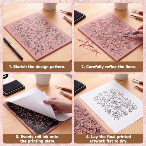 FunooFuno 9'' x 11.75'' 2 Pack Pink Rubber Linoleum Carving Blocks for Printmaking, 0.24'' Thick Linocut Soft Rubber Carving Block for Stamp Making Supplies Craft Materials DIY Artists Beginner - size: 9 x 11.75 Inch
