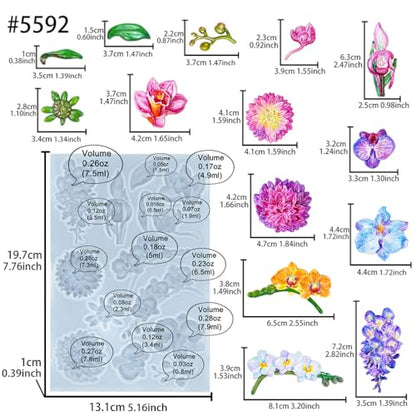 Flower Fondant Mold for Air Dry Clay Crafts 14-Cavity - color: Flower (Orchid Wisteria Dahlia) 14-cavity #5592