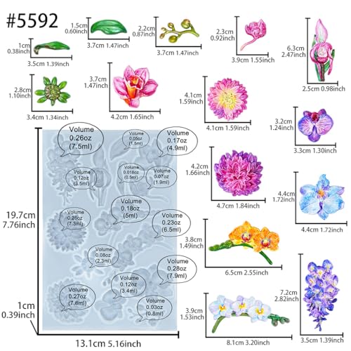 Flower Fondant Mold for Air Dry Clay Crafts 14-Cavity - color: Flower (Orchid Wisteria Dahlia) 14-cavity #5592