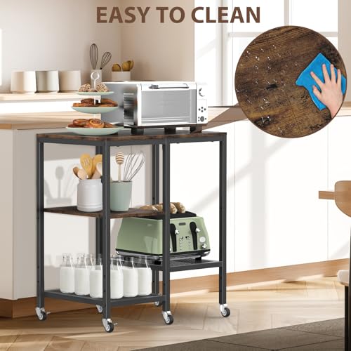 OGEMXU Rolling Kitchen Microwave Cart,4 Tier Microwave Stand,Brown | Utility Cart on Lockable Wheels,Open Storage for Spices, Pots，Small Side Table,Coffee Cart for Living Room Office, Balcony - color: Rustic Brown