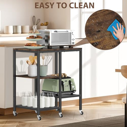 OGEMXU Rolling Kitchen Microwave Cart,4 Tier Microwave Stand,Brown | Utility Cart on Lockable Wheels,Open Storage for Spices, Pots，Small Side Table,Coffee Cart for Living Room Office, Balcony - color: Rustic Brown