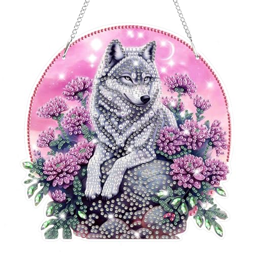 Bowetile Wolf Diamond Art Hanging Kits for Adults, 5D Special Shape Diamond Painting Flowers Pendant Kits, Gem Art Suncatchers Painting Window Ornament for Home Garden Wall Decor - color: Wolf-02